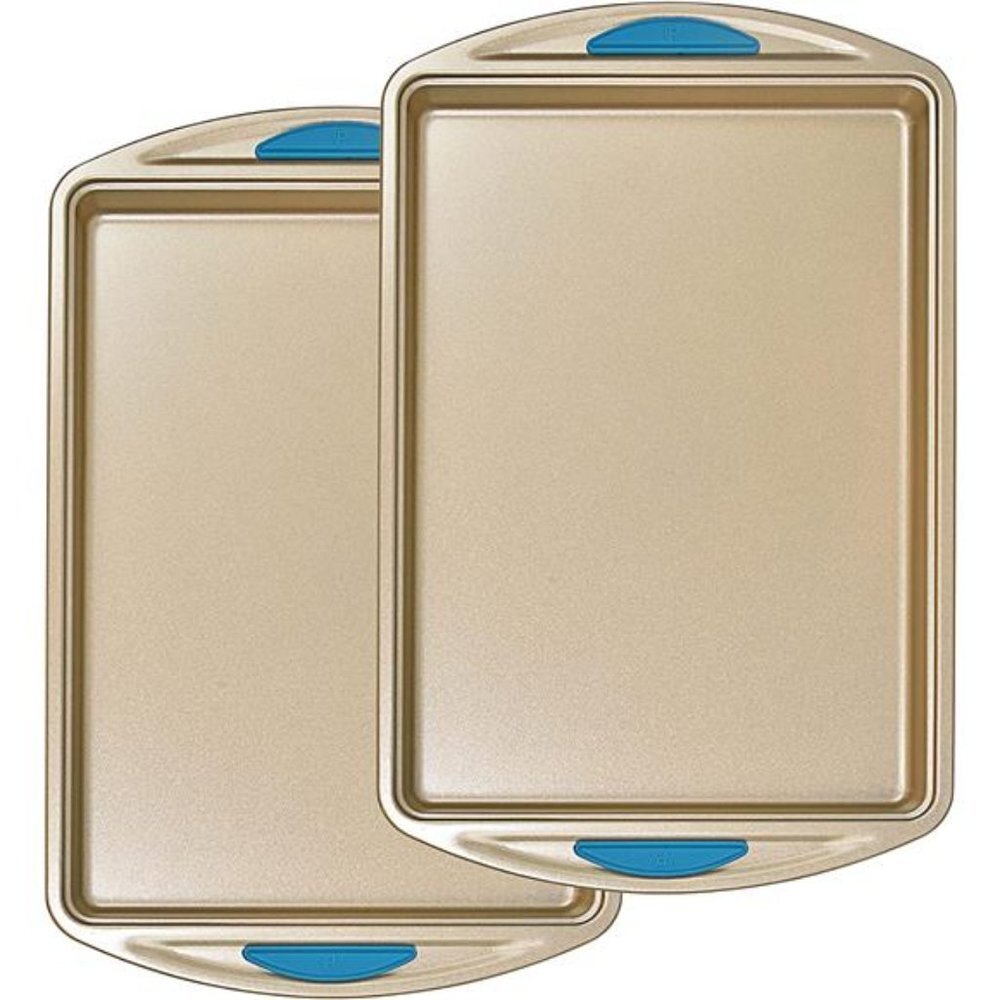 2 Piece Cookie Sheet Baking Pan Set, Gold Nonstick Trays (Blue)